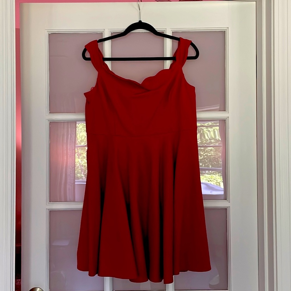 Red ModCloth scalloped neck fit and flare mini dress with pockets
